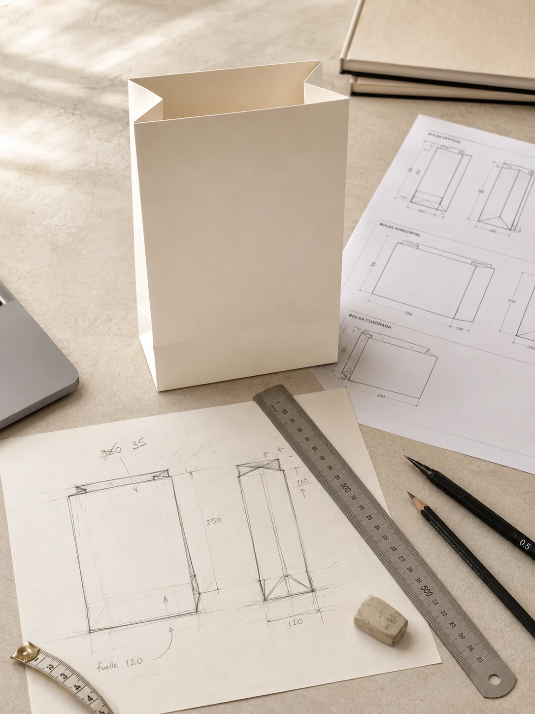 Bolsa beige, planos técnicos y bocetos de formatos sobre mesa de taller
