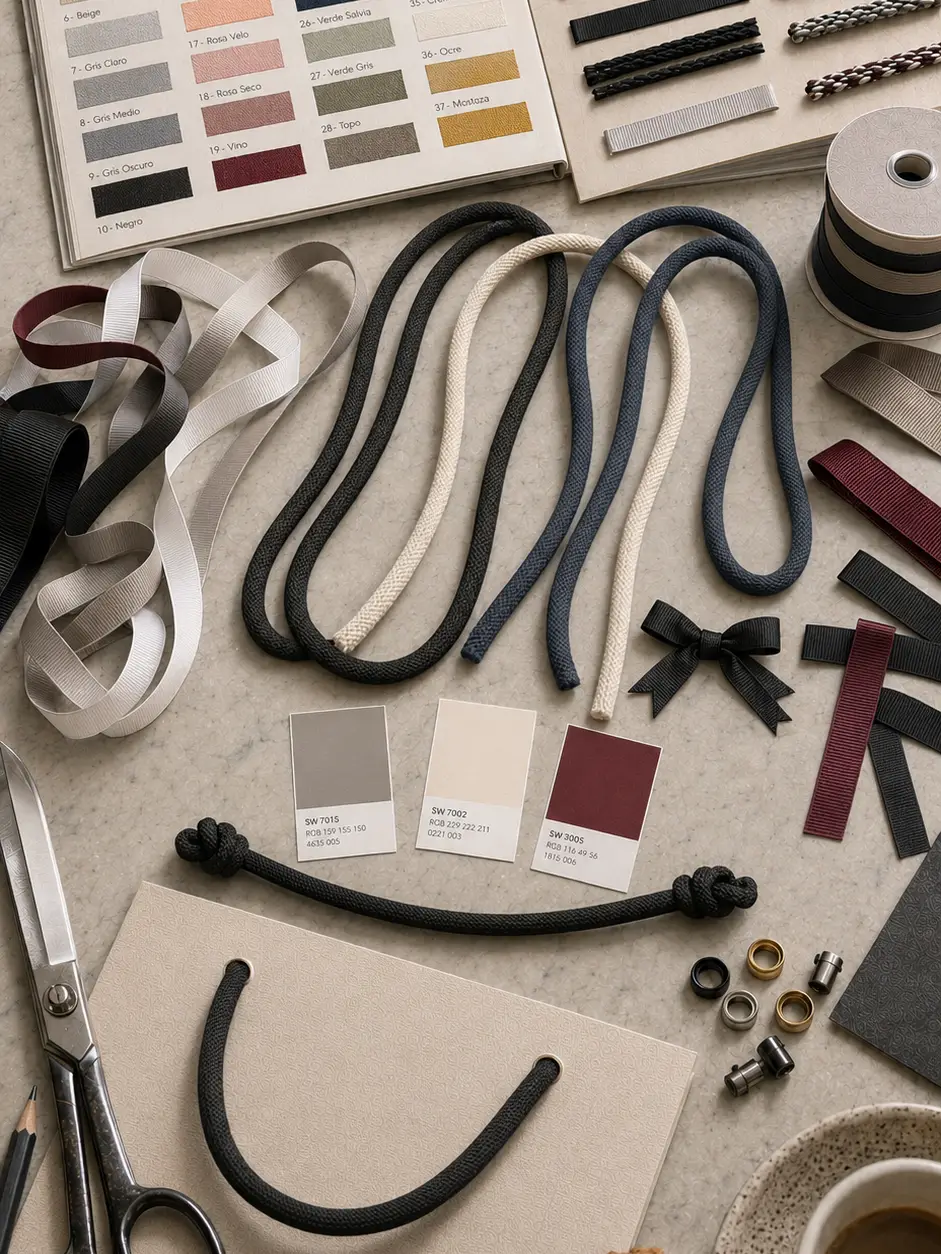 Cordones y cintas de distintos materiales sobre mesa de taller